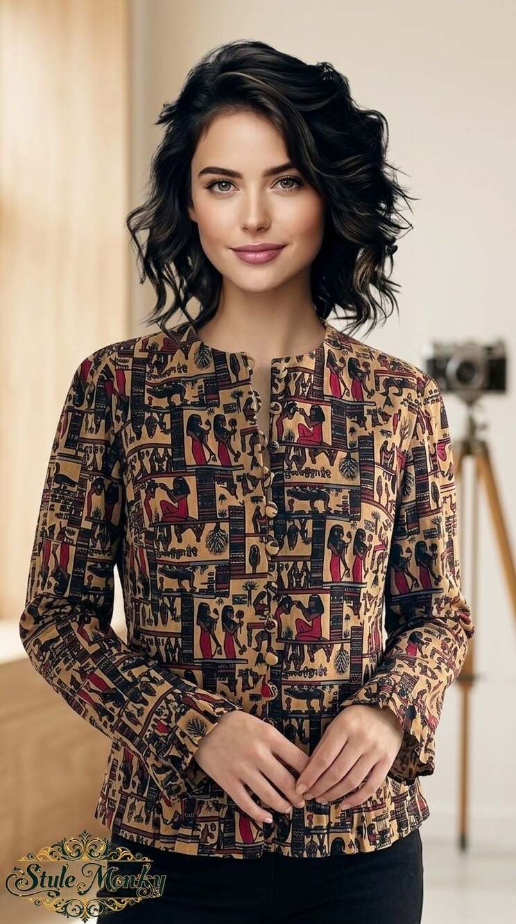 Vintage Egyptian Hieroglyphic Print Jacquard Blazer Jacket with Ruffle Hem